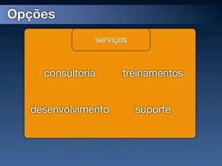 Opções
              serviços


    consultoria     treinamentos


  desenvolvimento        suporte
 
