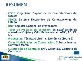 ▣   OSCE: Organismo Supervisor de Contrataciones del
    Estado
▣   SEACE: Sistema Electrónico de Contrataciones del
    Estado.
▣   RNP: Registro Nacional de Proveedores
▣   Tipos de Procesos de Selección: Se clasificación de
    acuerdo al Objeto y Valor Referencial en AMC, AD, CP,
    LP.
▣   Propuestas: Técnica (Sobre 1), Económica (Sobre 2)
▣   Otras Modalidades de Contratación: Subasta Inversa,
    Convenio Marco
▣   Suscripción de Contrato: RNP, Garantías, Contrato de
    Consorcio
 