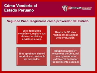 En el formulario
electrónico, registre sus
datos completos y
envíelos vía web.
Dentro de 30 días
recibirá los resultados
de la evaluación.
Si es aprobado, deberá
imprimir su constancia
de proveedor.
Nota: Consultores y
ejecutores de Obra, así
como proveedores
extranjeros consultar
Procedimiento especial.
SEGUNDO : Regístrese como proveedor del Estado
 