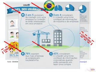 Fonte: IDGNOW (http://idgnow.com.br/internet/2014/01/31/pouco-brasileiros-usam-o-linkedin-para-procurar-emprego/)
CONTEÚDO
CONTEÚDO
 