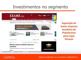 Investimentos no segmento


                                Aquisição da
                               maior empresa
                                brasileira de
                                Plataformas
                                 para Lojas
                                  Virtuais




           Oportunidades no Comércio Eletrônico
 