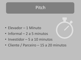 Pitch

•
•
•
•

Elevador – 1 Minuto
Informal – 2 a 5 minutos
Investidor – 5 a 10 minutos
Cliente / Parceiro – 15 a 20 minutos

 