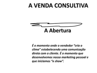 É o momento onde o vendedor “cria o
clima” estabelecendo uma comunicação
direta com o cliente. É o momento que
desenvolvemos nosso marketing pessoal e
que iniciamos “o show”.
A Abertura
A VENDA CONSULTIVA
 