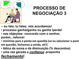 PROCESSO DE
NEGOCIAÇÃO 3
• eu falo, tu falas: nós acordamos!
• processo ganha/ganha ou ganha /perde!
• nas objeções: concordo com o senhor,
porém...reforce!
• minimize para o ponto em questão (se eu solucionar o ponto
em questão, fechamos a venda, ok?)
• tática da soma e da diminuição (% descontos)
• uma vez gerada a confiança: proponha
fechamento!
 