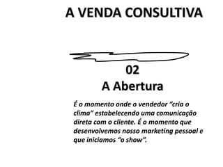 A VENDA CONSULTIVA02A AberturaÉ o momento onde o vendedor “cria o clima” estabelecendo uma comunicação direta com o cliente. É o momento que desenvolvemos nosso marketing pessoal e que iniciamos “o show”.