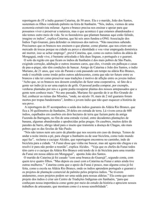 reportagem do JT a índia guarani Catarina, de 50 anos. Ela e o marido, João dos Santos,
sustentam os filhos vendendo palmito na feira de Itanhaém. “Nós, índios, viemos de uma
economia extrativista milenar. Agora o branco precisa nos ensinar e apoiar para que
possamos viver e preservar a natureza, mas o que acontece é que estamos abandonados e
não temos outro meio de vida. Se os fazendeiros que plantam bananas aqui estão falindo,
imagine os índios”, explica Catarina, que há seis anos fundou a ONG Associação dos
Índios Tupi-Guarani, para defender os interesses dos nativos. “Não nascemos sabendo.
Precisamos que os brancos nos ensinem o que plantar, como plantar, que nos criem um
mercado de trocas porque na cidade eu perco a identidade e vou virar empregada doméstica
até morrer, isso se achar emprego”, prevê Catarina, que, como os outros índios da aldeia de
Mongaguá, onde vive, é bastante articulada e fala duas línguas, o português e o guarani.
O solo da região em que ficam os índios de Itanhaém é dos mais pobres de São Paulo,
exigindo correção, adubação e outros insumos caros, que eles, vivendo em palhoças e casas
de pau-a-pique, não têm condições de bancar. Amigo de Catarina e João dos Santos, o índio
Mariano, de 21 anos, que veio do Paraná e está passando um tempo na aldeia Rio Branco,
onde é recebido como irmão pelos outros adolescentes, conta que não ter futuro entre os
brancos e não ter como preservar suas tradições é motivo de aflição entre os jovens índios:
“Acho que, se os brancos nos dessem condições de fazer uma cooperativa, só fato de a
gente ser índio já ia ser uma espécie de grife. O pessoal podia comprar, por exemplo,
verduras plantadas por nós e a gente podia recuperar plantas dos nossos antepassados que a
gente nem conhece mais.” No ano passado, Mariano fez questão de ir ao Rio Grande do
Sul, conhecer as ruínas das Missões, “onde, no século 18, mais de 2 mil guaranis foram
mortos por tropas bandeirantes”, lembra o jovem índio que não quer esquecer a história de
seu povo.
A reportagem do JT acompanhou a saída dos índios guaranis da Aldeia Rio Branco, que
fica a 30 quilômetros de Itanhaém, 20 deles em estrada de terra. Lá vivem cerca de 600
índios, espalhados em casebres em dois hectares de terra que faziam parte da antiga
Fazenda da Barragem, no fim de uma estrada vicinal, entre decadentes plantações de
banana, algumas abandonadas e apodrecidas pelas pragas. Os casebres, muitos deles de
paredes de barro, abrigo ideal para o inseto que transmite a doença de Chagas, são mais
pobres que os das favelas de São Paulo.
“Nós não temos nem um carro de plantão que nos socorra em caso de doença. Temos de
andar a noite inteira a pé, para chegar a Itanhaém ou de usar bicicleta, como todo mundo
aqui faz”, reclama o cacique Alcides, que reportagem encontrou no caminho, indo de
bicicleta para a cidade. “A Funai disse que vinha me buscar, mas até agora não chegou e eu
resolvi ir para não perder a reunião”, explica Alcides. “Veja que os chefes da Funai todos
têm carro e o cacique da Aldeia Rio Branco está tendo de ir de bicicleta para uma reunião
da Funai em nossa aldeia em Mongaguá”, aponta João dos Santos.
O marido de Catarina já foi casado “com uma branca do Guarujá”, segundo conta, com
quem teve quatro filhos. “Mas depois eu casei com a Catarina na Funai e antes ainda tive
outras mulheres.” Catarina conta que o apoio da Funai é pouco, mas alguma coisa já foi
feita, como a escola na Aldeia Rio Branco, onde os índios aprendem português e guarani e
os projetos de plantação comercial de palmito pelos próprios índios. “Se tiverem
andamento, esses projetos podem ser uma saída para nossas aldeias.” Ela conta que outro
projeto dos índios é criar um Centro de Tradições Indígenas em Itanhaém, “para que
conheçam nossa importância como gente por meio do estudo da história e apreciem nossos
trabalhos de artesanato, que mostram como é a nossa sensibilidade”.
 