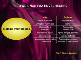 Sistema Imunológico
O QUE NOS FAZ ENVELHECER?
Inibe Estimula
Dieta ocidental mediterrânea
Emoções reprimidas libertas
Depressão e
Amargura
Aceitação e
Serenidade
Isolamento social Apoio amigos e família
Sedentarismo Atividade física
Negação da verdadeira
identidade
Aceitação de si,seus
valores e sua história
Prof. Carlos Iglézias
 