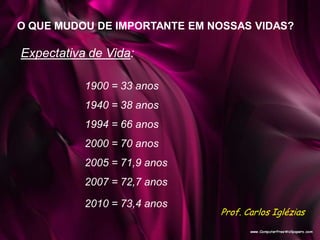 O QUE MUDOU DE IMPORTANTE EM NOSSAS VIDAS?
Expectativa de Vida:
1900 = 33 anos
1940 = 38 anos
1994 = 66 anos
2000 = 70 anos
2005 = 71,9 anos
2007 = 72,7 anos
2010 = 73,4 anos
Prof. Carlos Iglézias
 