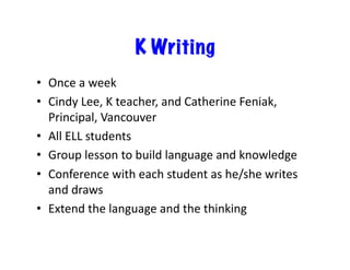 K Writing
•  Once	
  a	
  week	
  
•  Cindy	
  Lee,	
  K	
  teacher,	
  and	
  Catherine	
  Feniak,	
  
Principal,	
  Vancouver	
  
•  All	
  ELL	
  students	
  
•  Group	
  lesson	
  to	
  build	
  language	
  and	
  knowledge	
  
•  Conference	
  with	
  each	
  student	
  as	
  he/she	
  writes	
  
and	
  draws	
  
•  Extend	
  the	
  language	
  and	
  the	
  thinking	
  
 