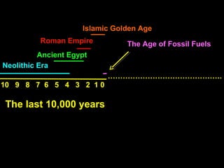 Neolithic Era
Ancient Egypt
Roman Empire
Islamic Golden Age
10 9 8 7 6 5 4 3 2 1 0
The Age of Fossil Fuels
……………………………………….
The last 10,000 years
 