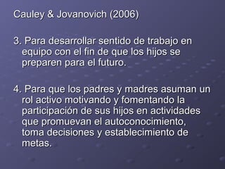 Cauley & Jovanovich (2006)Cauley & Jovanovich (2006)
3.3. Para desarrollar sentido de trabajo enPara desarrollar sentido de trabajo en
equipo con el fin de que los hijos seequipo con el fin de que los hijos se
preparen para el futuro.preparen para el futuro.
4. Para que los padres y madres asuman un4. Para que los padres y madres asuman un
rol activo motivando y fomentando larol activo motivando y fomentando la
participación de sus hijos en actividadesparticipación de sus hijos en actividades
que promuevan el autoconocimiento,que promuevan el autoconocimiento,
toma decisiones y establecimiento detoma decisiones y establecimiento de
metas.metas.
 