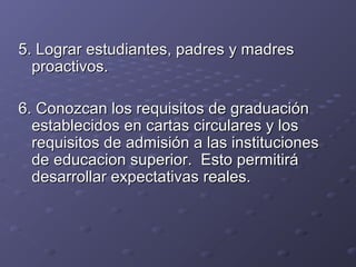 55. Lograr estudiantes, padres y madres. Lograr estudiantes, padres y madres
proactivos.proactivos.
6. Conozcan los requisitos de graduación6. Conozcan los requisitos de graduación
establecidos en cartas circulares y losestablecidos en cartas circulares y los
requisitos de admisión a las institucionesrequisitos de admisión a las instituciones
de educacion superior. Esto permitiráde educacion superior. Esto permitirá
desarrollar expectativas reales.desarrollar expectativas reales.
 