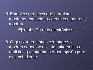 5.5. Establecer enlaces que permitanEstablecer enlaces que permitan
mantener contacto frecuente con padres ymantener contacto frecuente con padres y
madres.madres.
Ejemplo: Correos electrónicosEjemplo: Correos electrónicos
6. Organizar reuniones con padres y6. Organizar reuniones con padres y
madres donde se discutan alternativasmadres donde se discutan alternativas
realistas que puedan ser una opción pararealistas que puedan ser una opción para
el/la estudiante.el/la estudiante.
 