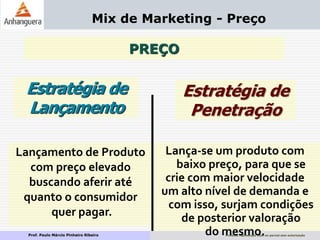 Prof. Paulo Márcio Pinheiro Ribeiro Proibida reprodução total ou parcial sem autorização
Mix de Marketing - Preço
Estratégia de
Lançamento
Lançamento de Produto
com preço elevado
buscando aferir até
quanto o consumidor
quer pagar.
Estratégia de
Penetração
Lança-se um produto com
baixo preço, para que se
crie com maior velocidade
um alto nível de demanda e
com isso, surjam condições
de posterior valoração
do mesmo.
PREÇO
 
