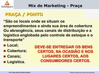 Prof. Paulo Márcio Pinheiro Ribeiro Proibida reprodução total ou parcial sem autorização
PRAÇA / PONTO
“São os locais onde se situam os
empreendimentos e ainda sua área de cobertura
Ou abrangência, seus canais de distribuição e a
logística englobada pelo controle de estoque e o
transporte”
 Local;
 Cobertura;
 Canais;
 Logística.
Mix de Marketing - Praça
DEVE-SE ENTREGAR OS BENS
CERTOS, NA OCASIÃO E NOS
LUGARES CERTOS, AOS
CONSUMIDORES CERTOS.
 