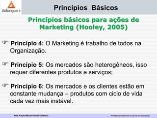 Prof. Paulo Márcio Pinheiro Ribeiro Proibida reprodução total ou parcial sem autorização
Princípios Básicos
Princípios básicos para ações de
Marketing (Hooley, 2005)
 Princípio 4: O Marketing é trabalho de todos na
Organização.
 Princípio 5: Os mercados são heterogêneos, isso
requer diferentes produtos e serviços;
 Princípio 6: Os mercados e os clientes estão em
constante mudança – produtos com ciclo de vida
cada vez mais instável.
 