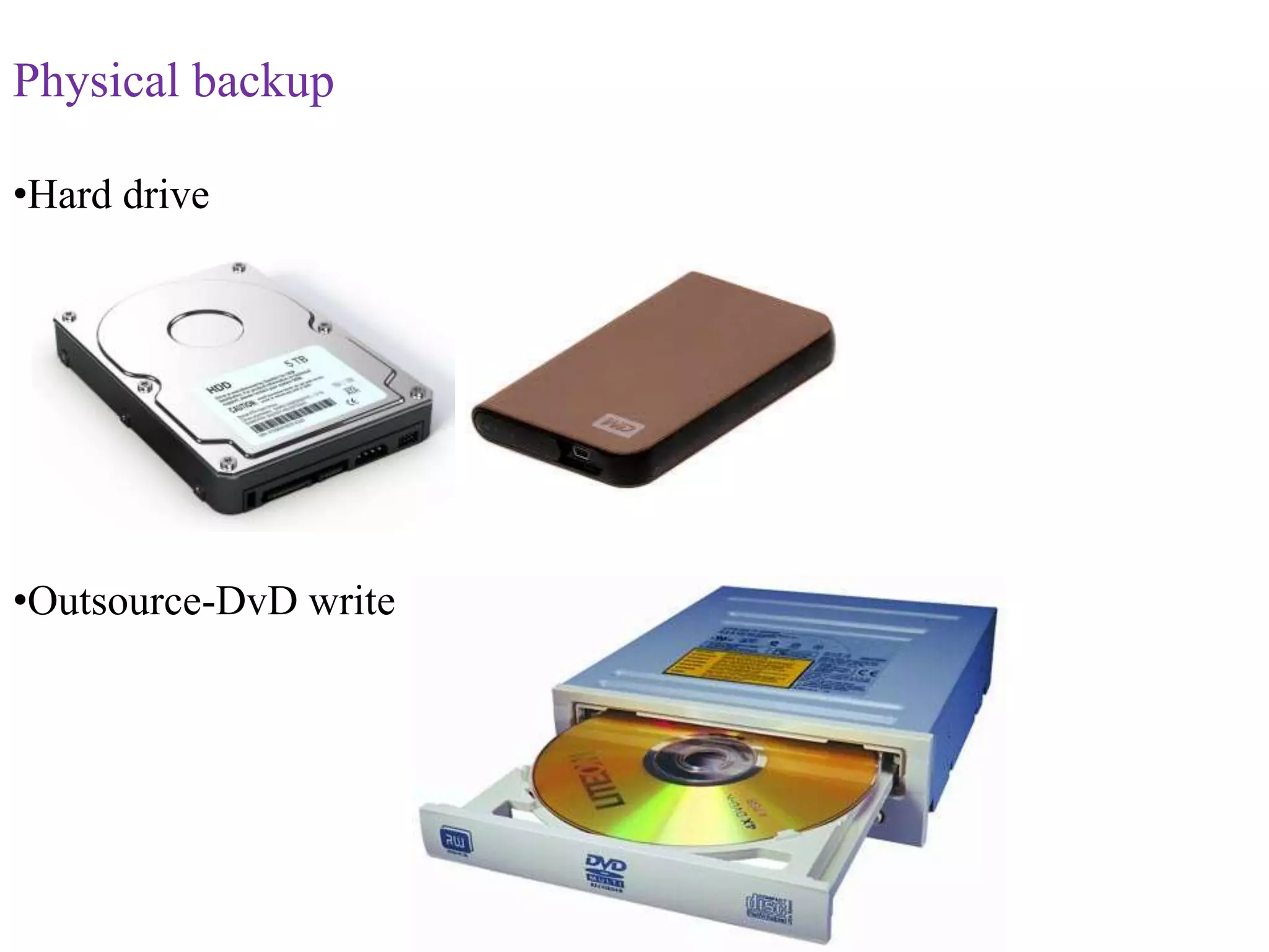 Physical backup
•Hard drive
•Outsource-DvD write
 