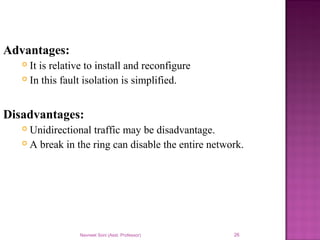 Navneet Soni (Asst. Professor) 26
Advantages:
 It is relative to install and reconfigure
 In this fault isolation is simplified.
Disadvantages:
 Unidirectional traffic may be disadvantage.
 A break in the ring can disable the entire network.
 