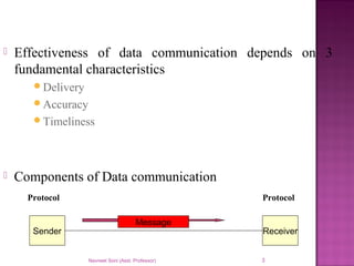 Navneet Soni (Asst. Professor) 3
 Effectiveness of data communication depends on 3
fundamental characteristics
Delivery
Accuracy
Timeliness
 Components of Data communication
Protocol Protocol
Sender Receiver
Message
 