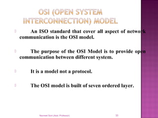  An ISO standard that cover all aspect of network
communication is the OSI model.
 The purpose of the OSI Model is to provide open
communication between different system.
 It is a model not a protocol.
 The OSI model is built of seven ordered layer.
Navneet Soni (Asst. Professor) 33
 