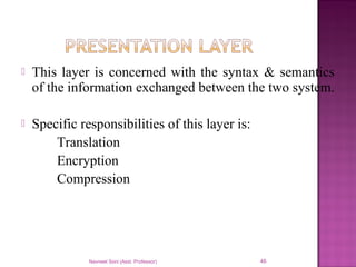  This layer is concerned with the syntax & semantics
of the information exchanged between the two system.
 Specific responsibilities of this layer is:
Translation
Encryption
Compression
Navneet Soni (Asst. Professor) 46
 