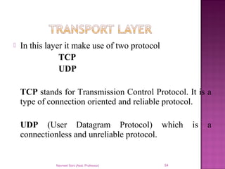  In this layer it make use of two protocol
TCP
UDP
TCP stands for Transmission Control Protocol. It is a
type of connection oriented and reliable protocol.
UDP (User Datagram Protocol) which is a
connectionless and unreliable protocol.
Navneet Soni (Asst. Professor) 54
 