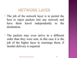  The job of the network layer is to permit the
host to inject packets into any network and
have them travel independently to the
destination.
 The packets may even arrive in a different
order than they were sent, in this case it is the
job of the higher layer to rearrange them, if
inorder delivery is required.
Navneet Soni (Asst. Professor) 55
 