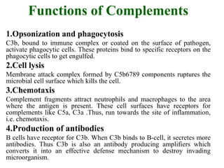 Functions of Complements
1.Opsonization and phagocytosis
C3b, bound to immune complex or coated on the surface of pathogen,
activate phagocytic cells. These proteins bind to specific receptors on the
phagocytic cells to get engulfed.
2.Cell lysis
Membrane attack complex formed by C5b6789 components ruptures the
microbial cell surface which kills the cell.
3.Chemotaxis
Complement fragments attract neutrophils and macrophages to the area
where the antigen is present. These cell surfaces have receptors for
complements like C5a, C3a .Thus, run towards the site of inflammation,
i.e. chemotaxis.
4.Production of antibodies
B cells have receptor for C3b. When C3b binds to B-cell, it secretes more
antibodies. Thus C3b is also an antibody producing amplifiers which
converts it into an effective defense mechanism to destroy invading
microorganism.
 