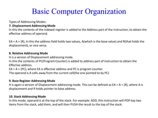 Basic Computer Organization
Types of Addressing Modes:
7. Displacement Addressing Mode
In this the contents of the indexed register is added to the Address part of the instruction, to obtain the
effective address of operand.
EA = A + (R), In this the address field holds two values, A(which is the base value) and R(that holds the
displacement), or vice versa.
8. Relative Addressing Mode
It is a version of Displacement addressing mode.
In this the contents of PC(Program Counter) is added to address part of instruction to obtain the
Effective address.
EA = A + (PC), where EA is effective address and PC is program counter.
The operand is A cells away from the current cell(the one pointed to by PC)
9. Base Register Addressing Mode
It is again a version of Displacement addressing mode. This can be defined as EA = A + (R), where A is
displacement and R holds pointer to base address.
10. Stack Addressing Mode
In this mode, operand is at the top of the stack. For example: ADD, this instruction will POP top two
items from the stack, add them, and will then PUSH the result to the top of the stack.
 