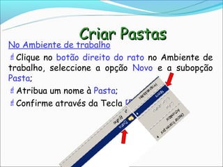 Criar Pastas
No Ambiente de trabalho
Clique no botão direito do rato no Ambiente de
trabalho, seleccione a opção Novo e a subopção
Pasta;
Atribua um nome à Pasta;
Confirme através da Tecla [ENTER.]
 