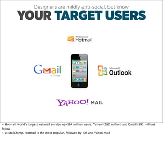 Designers are mildly anti-social, but know

           YOUR TARGET USERS




+ Hotmail: world's largest webmail service w/~364 million users, Yahoo! (280 million) and Gmail (191 million)
follow
+ at MailChimp, Hotmail is the most popular, followed by iOS and Yahoo mail
 