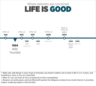 Where websites are concerned

                              LIFE IS GOOD

                                                                           Work on
                                                                           HTML 5.0
 HTML 1.0            HTML 2.0          HTML 4.0           XHTML 1.0         begins
   1991                1995                 1997            2000            2004


                                1996               1998   JavaScript 1.5               2005     2006
                                CSS1               CSS2                               Work on JQuery 1.0
              1994         JavaScript 1.0                                              CSS3
                                                                                      begins
              W3C
            Founded




+ Right now, web design is cozy. If you’re fortunate, you haven’t coded a site to work in IE6 in 2 or 3 years, and
everything is more or less on a level ﬁeld.
+ When it’s not, you have all sorts of JavaScript to force compatibility.
+ Browsers are pretty great, and even Microsoft (pardon the obligatory mockery) has vested interest in providing
modern rendering engines in IE9 and IE10.
 