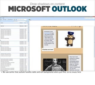 Drop-shadows on content

        MICROSOFT OUTLOOK




+ We saw earlier that outlook handles table and cell background colors just ﬁne, so no issues here
 