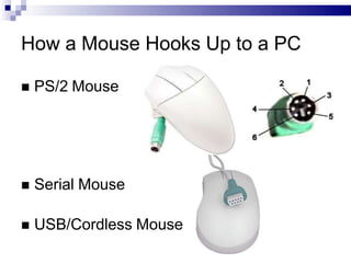 How a Mouse Hooks Up to a PC
 PS/2 Mouse
 Serial Mouse
 USB/Cordless Mouse
 