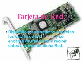 Tarjeta de Red. Dispositivo en donde se conectan los cables de una  Red , y se encarga de transmitir y recibir datos a través de dicha Red. 