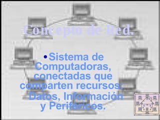 Concepto  de Red. Sistema de Computadoras, conectadas que comparten recursos:  Datos, Información y Periféricos. 