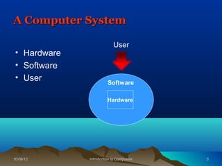 A Computer System

                           User
 • Hardware
 • Software
 • User
                        Software

                        Hardware




10/08/12      Introduction to Computers   3
 