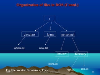 Organization of files in DOS (Contd.)


                                            /



                     circulars           loans               personnel



           officer.txt           new.dat

                                                      january              february

                                           retire.txt

                                                                rest.txt       abc.txt
Fig. Hierarchical Structure of Files
10/08/12                         Introduction to Computers                               69
 