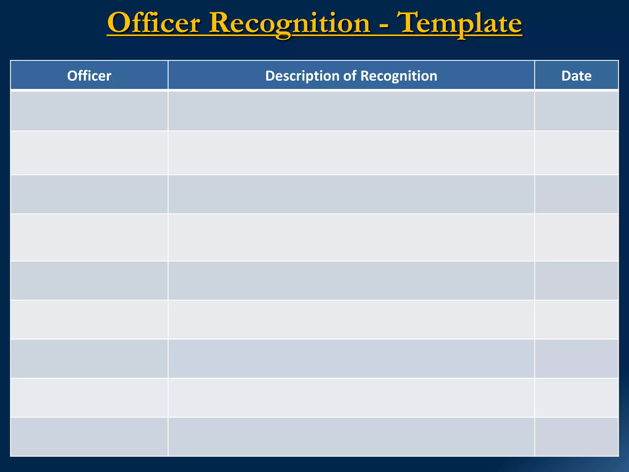 Officer Recognition - Template
Officer Description of Recognition Date
 
