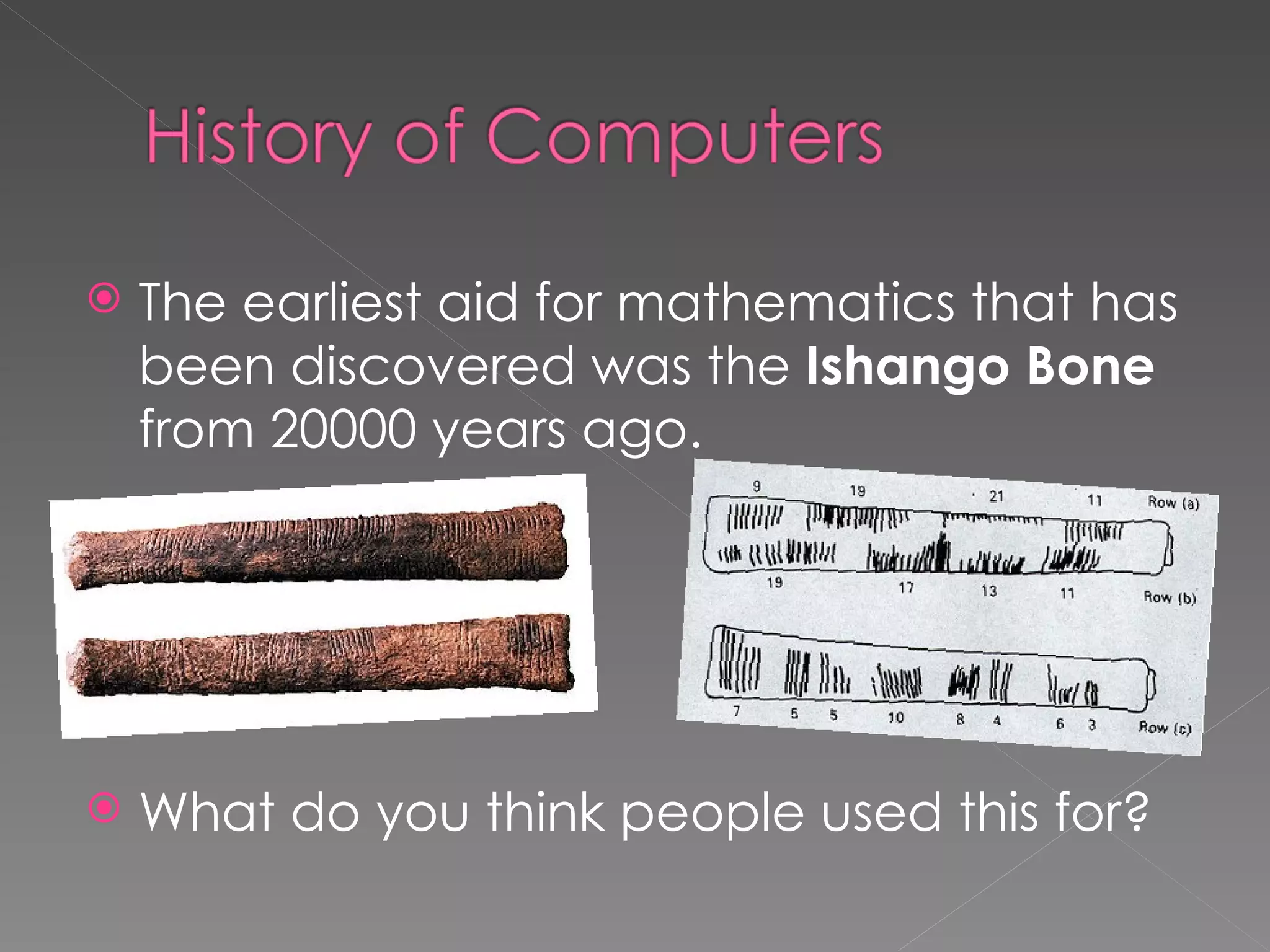 The earliest aid for mathematics that has been discovered was the  Ishango Bone  from 20000 years ago. What do you think people used this for? 