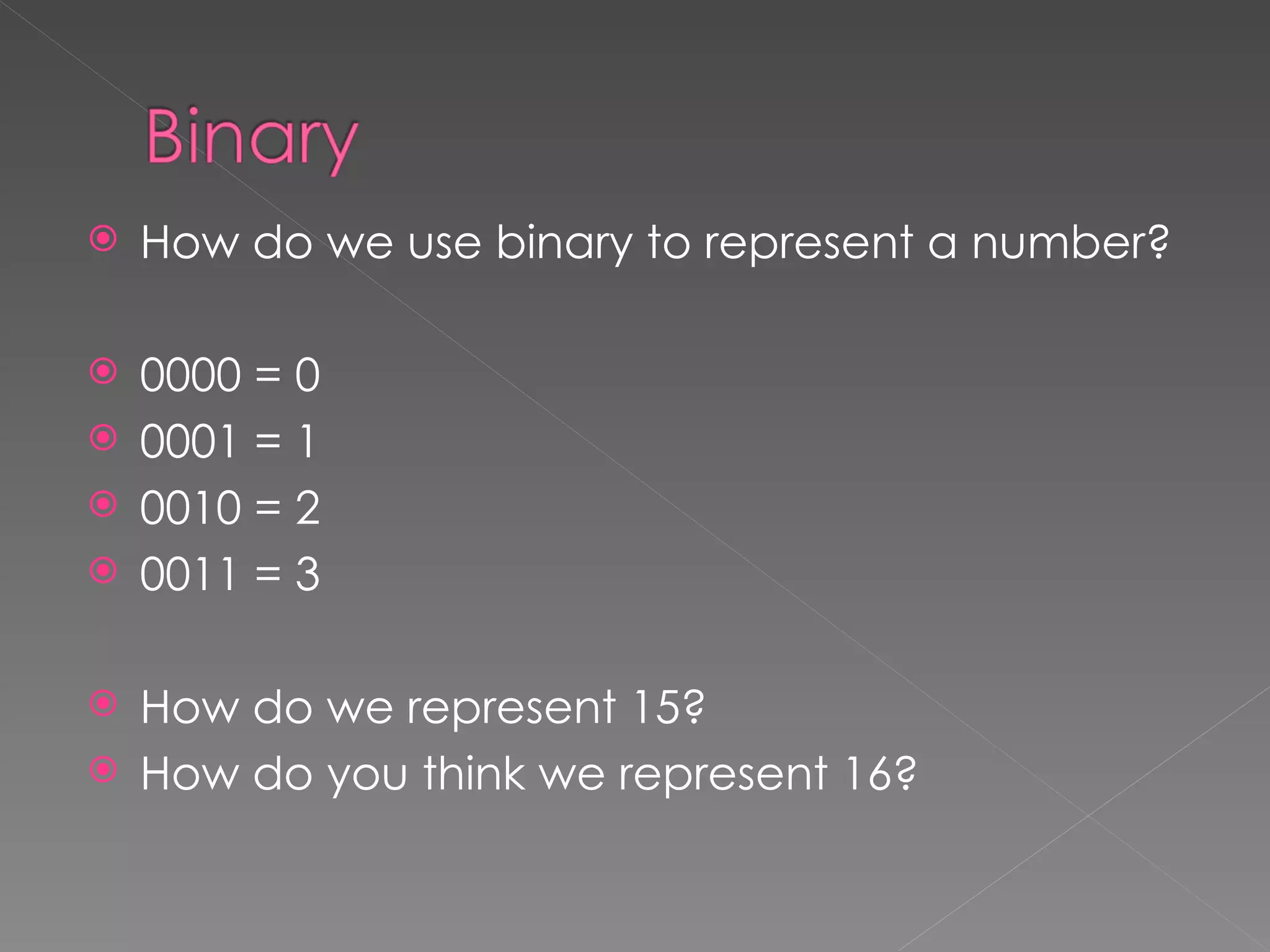 How do we use binary to represent a number? 0000 = 0 0001 = 1 0010 = 2 0011 = 3 How do we represent 15? How do you think we represent 16? 