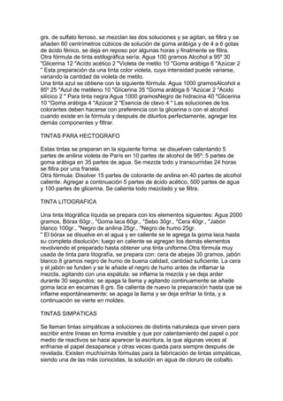 grs. de sulfato ferroso, se mezclan las dos soluciones y se agitan, se filtra y se 
añaden 60 centrímetros cúbicos de solución de goma arábiga y de 4 a 6 gotas 
de ácido fénico, se deja en reposo por algunas horas y finalmente se filtra. 
Otra fórmula de tinta estilográfica sería: Agua 100 gramos Alcohol a 95º 30 
"Glicerina 12 "Acído acético 2 "Violeta de metilo 10 "Goma arábiga 6 "Azúcar 2 
" Esta preparación da una tinta color violeta, cuya intensidad puede variarse, 
variando la cantidad de violeta de metilo. 
Una tinta azul se obtiene con la siguiente fórmula: Agua 1000 gramosAlcohol a 
95º 25 "Azul de metileno 10 "GIicerina 35 "Goma arábiga 6 "Azúcar 2 "Acido 
silícico 2 " Para tinta negra:Agua 1000 gramosNegro de hidracina 40 "Glicerina 
10 "Goma arábiga 4 "Azúcar 2 "Esencia de clavo 4 " Las soluciones de los 
colorantes deben hacerse con preferencia con la glicerina o con el alcohol 
cuando existe en la fórmula y después de diluirlos perfectamente, agregar los 
demás componentes y filtrar. 
TINTAS PARA HECTOGRAFO 
Estas tintas se preparan en la siguiente forma: se disuelven calentando 5 
partes de anilina violeta de París en 10 partes de alcohol de 95º; 5 partes de 
goma arábiga en 35 partes de agua. Se mezcla todo y transcurridas 24 horas 
se filtra por una franela. 
Otra fórmula: Disolver 15 partes de colorante de anilina en 40 partes de alcohol 
caliente. Agregar a continuación 5 partes de ácido acético, 500 partes de agua 
y 100 partes de glicerina. Se calienta todo mezclado y se filtra. 
TINTA LITOGRAFICA 
Una tinta litográfica líquida se prepara con los elementos siguientes: Agua 2000 
gramos, Bórax 60gr., "Goma laca 60gr., "Sebo 30gr., "Cera 40gr., "Jabón 
blanco 100gr., "Negro de anilina 25gr., "Negro de humo 25gr. 
" El bórax se disuelve en el agua y en caliente se le agrega la goma laca hasta 
su completa disolución; luego en caliente se agregan los demás elementos 
revolviendo el preparado hasta obtener una tinta uniforme.Otra fórmula muy 
usada de tinta para litografía, se prepara con: cera de abejas 30 gramos, jabón 
blanco 8 gramos negro de humo de buena calidad, cantidad suficiente. La cera 
y el jabón se funden y se le añade el negro de humo antes de inflamar la 
mezcla, agitando con una espátula; se inflama la mezcla y se deja arder 
durante 30 segundos; se apaga la llama y agitando continuamente se añade 
goma laca en escamas 8 grs. Se calienta de nuevo la preparación hasta que se 
inflame espontáneamente; se apaga la llama y se deja enfriar la tinta, y a 
continuación se vierte en moldes. 
TINTAS SIMPATICAS 
Se llaman tintas simpáticas a soluciones de distinta naturaleza que sirven para 
escribir entre líneas en forma invisible y que por calentamiento del papel o por 
medio de reactivos se hace aparecer la escritura, la que algunas veces al 
enfriarse el papel desaparece y otras veces queda para siempre después de 
revelada. Existen muchísirnás fórmulas para la fabricación de tintas simpáticas, 
siendo una de las más conocidas, la solución en agua de cloruro de cobalto. 
 