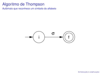 Algoritmo de Thompson
Autômato que reconhece um símbolo do alfabeto




                                         σ
                              i                 f




                                                    I NTRODUÇÃO À COMPILAÇÃO
 