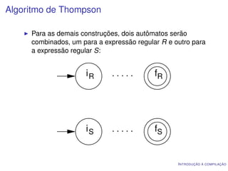 Algoritmo de Thompson

     Para as demais construções, dois autômatos serão
     combinados, um para a expressão regular R e outro para
     a expressão regular S:


                     iR       .....        fR




                     iS       .....        fS


                                                  I NTRODUÇÃO À COMPILAÇÃO
 