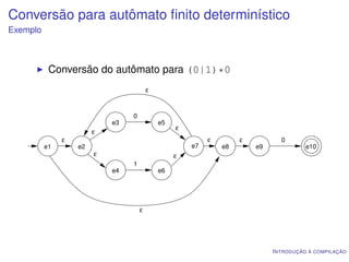 Conversão para autômato ﬁnito determinístico
Exemplo



           Conversão do autômato para (0|1)*0
                                         ε


                                 0
                            e3               e5
                                                  ε
                        ε
               ε                                           ε        ε          0
          e1       e2                                 e7       e8       e9             e10
                        ε                         ε
                                 1
                            e4               e6




                                     ε




                                                                             I NTRODUÇÃO À COMPILAÇÃO
 