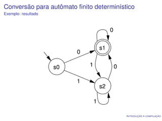Conversão para autômato ﬁnito determinístico
Exemplo: resultado



                                           0


                                      s1
                          0

                     s0       1                0

                          1
                                      s2

                                  1

                                                   I NTRODUÇÃO À COMPILAÇÃO
 