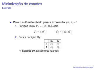 Minimização de estados
Exemplo




          Para o autômato obtido para a expressão (0|1)*0
           1. Partição inicial P1 = {C1 , C2 }, com

                            C1 = {s1}           C2 = {s0, s2}

           2. Para a partição C2 :
                                        s0 s2
                                    0 C1 C1
                                    1 C2 C2
              ⇒ Estados s0, s2 são redundantes




                                                                I NTRODUÇÃO À COMPILAÇÃO
 