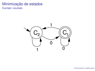 Minimização de estados
Exemplo: resultado




                          1
                     C2       C1
                          0
                     1        0



                                   I NTRODUÇÃO À COMPILAÇÃO
 