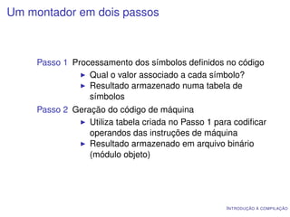 Um montador em dois passos



     Passo 1 Processamento dos símbolos deﬁnidos no código
                 Qual o valor associado a cada símbolo?
                 Resultado armazenado numa tabela de
                 símbolos
     Passo 2 Geração do código de máquina
                 Utiliza tabela criada no Passo 1 para codiﬁcar
                 operandos das instruções de máquina
                 Resultado armazenado em arquivo binário
                 (módulo objeto)




                                                    I NTRODUÇÃO À COMPILAÇÃO
 