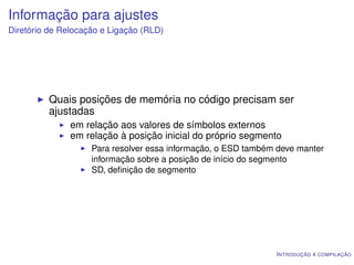 Informação para ajustes
Diretório de Relocação e Ligação (RLD)




         Quais posições de memória no código precisam ser
         ajustadas
               em relação aos valores de símbolos externos
               em relação à posição inicial do próprio segmento
                    Para resolver essa informação, o ESD também deve manter
                    informação sobre a posição de início do segmento
                    SD, deﬁnição de segmento




                                                               I NTRODUÇÃO À COMPILAÇÃO
 